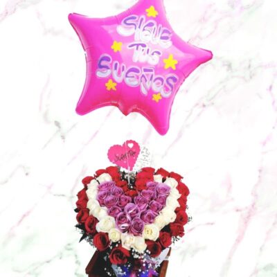 Caja  de Rosas Corazón con Globo Personalizado