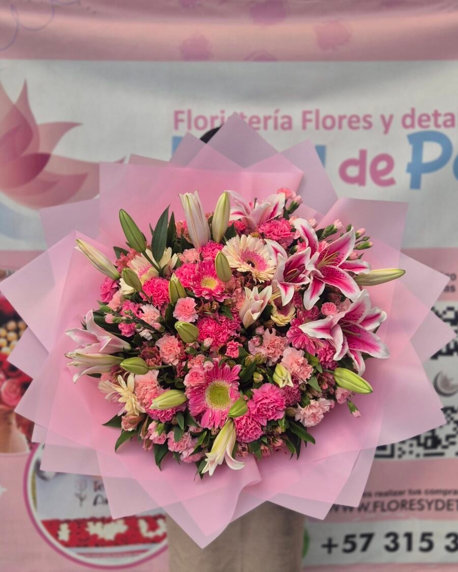 Bouquet buchon lirios, claveles astromelias.