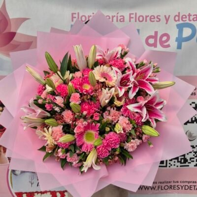 Bouquet buchon lirios, claveles astromelias.